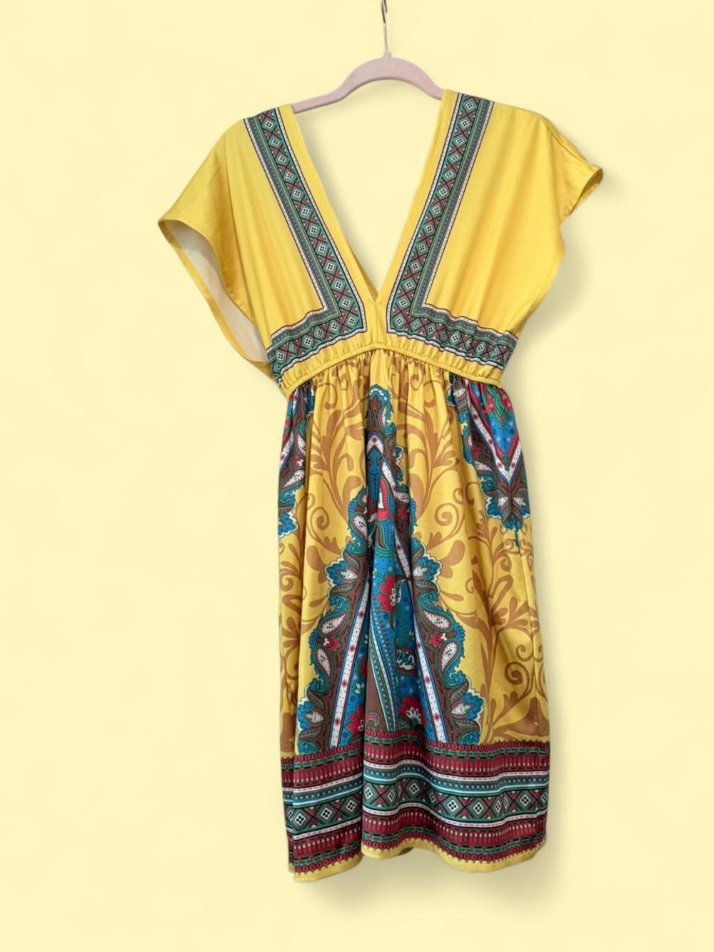 Flying Tomato Yellow Midi Dress with Teal & Red Paisley Accents